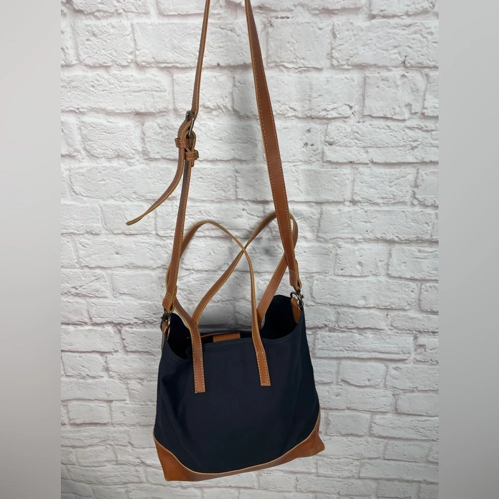 Able Navy Canvas Tote with Tan Leather Trim and Strap